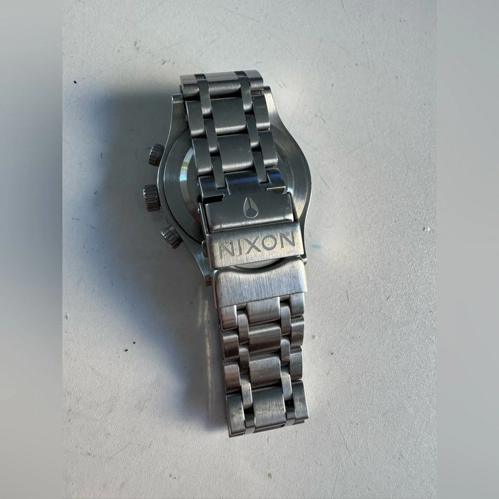 Nixon Men's Silver Stainless Steel Chronograph Watch with Black Dial